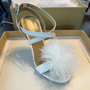 Michael Kors Women’s ‘Whitby’ Feather Trim High Heel Sandals in Optic White sz 7